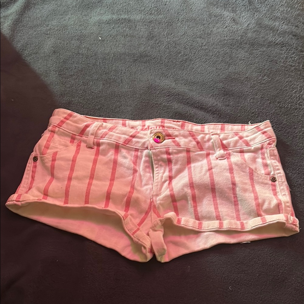 Dollhouse Pink and White Jean Shorts with Cuffed Hem